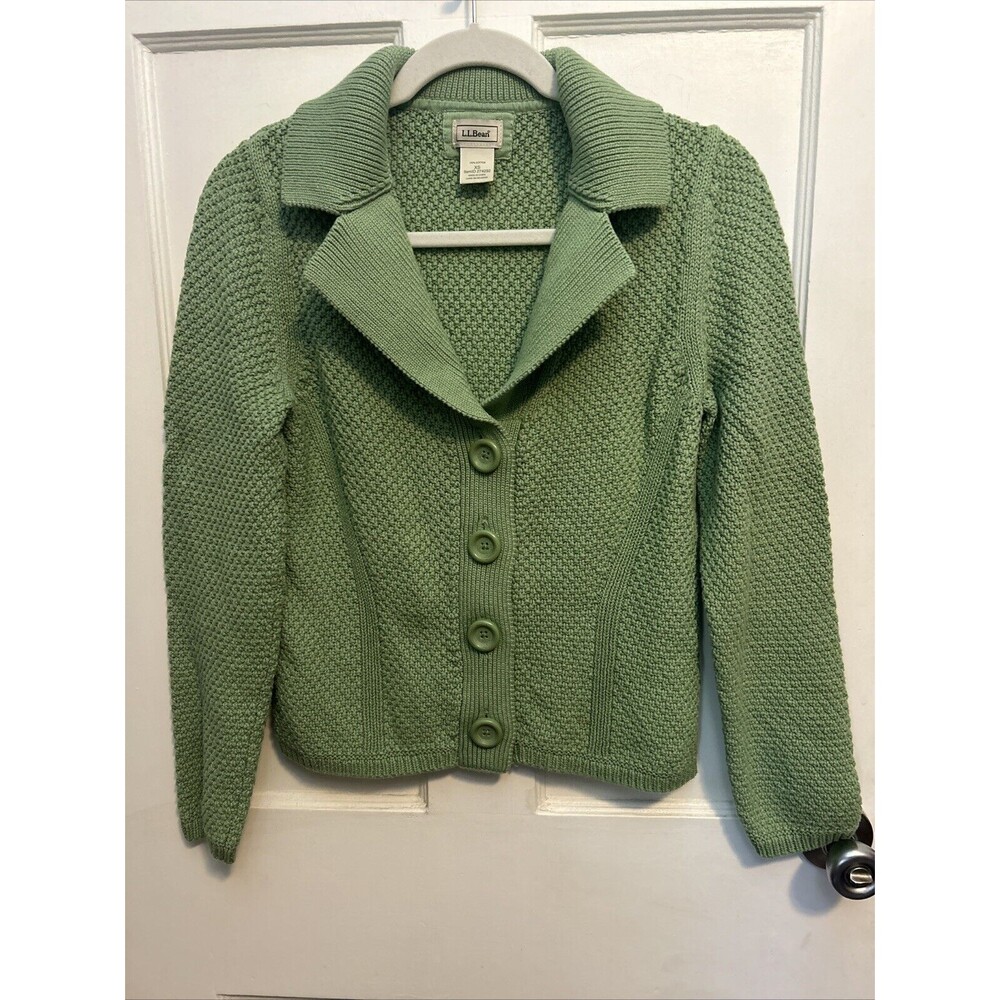 LL Bean Chunky Cable Knit Cardigan XS Green 100% Cotton Button Up Sweater Soft